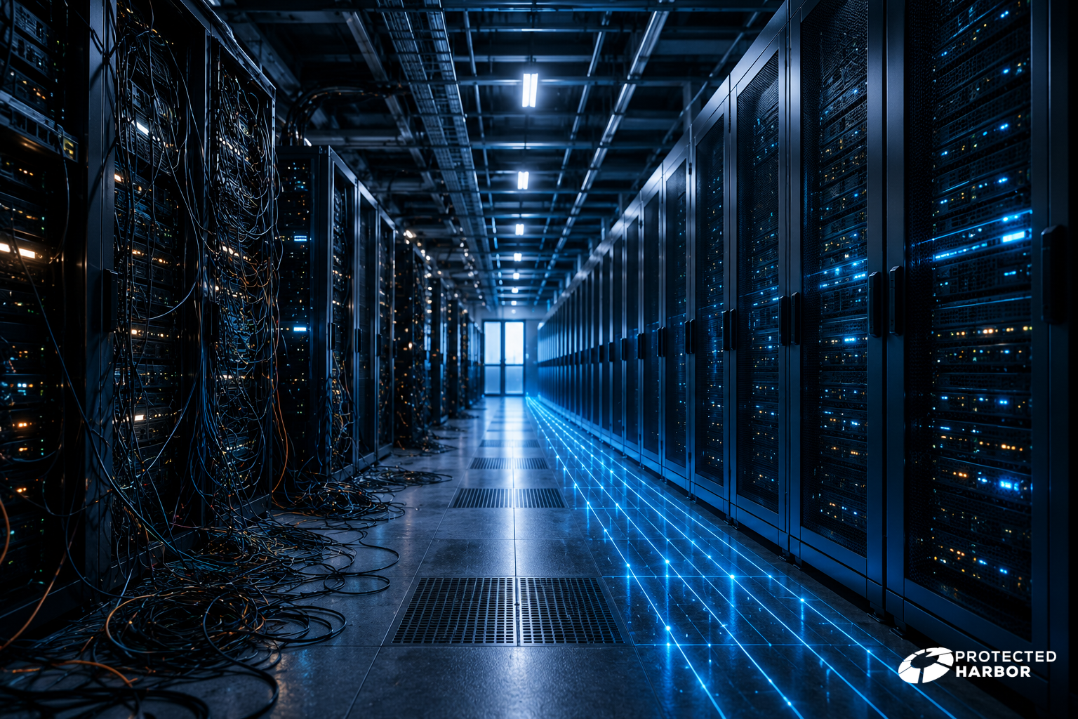 The image is of a data center. On the left side, there is hardware with messy wires tangled and all over the place. The stacks on the right side are clean and organized with a blue glow 
