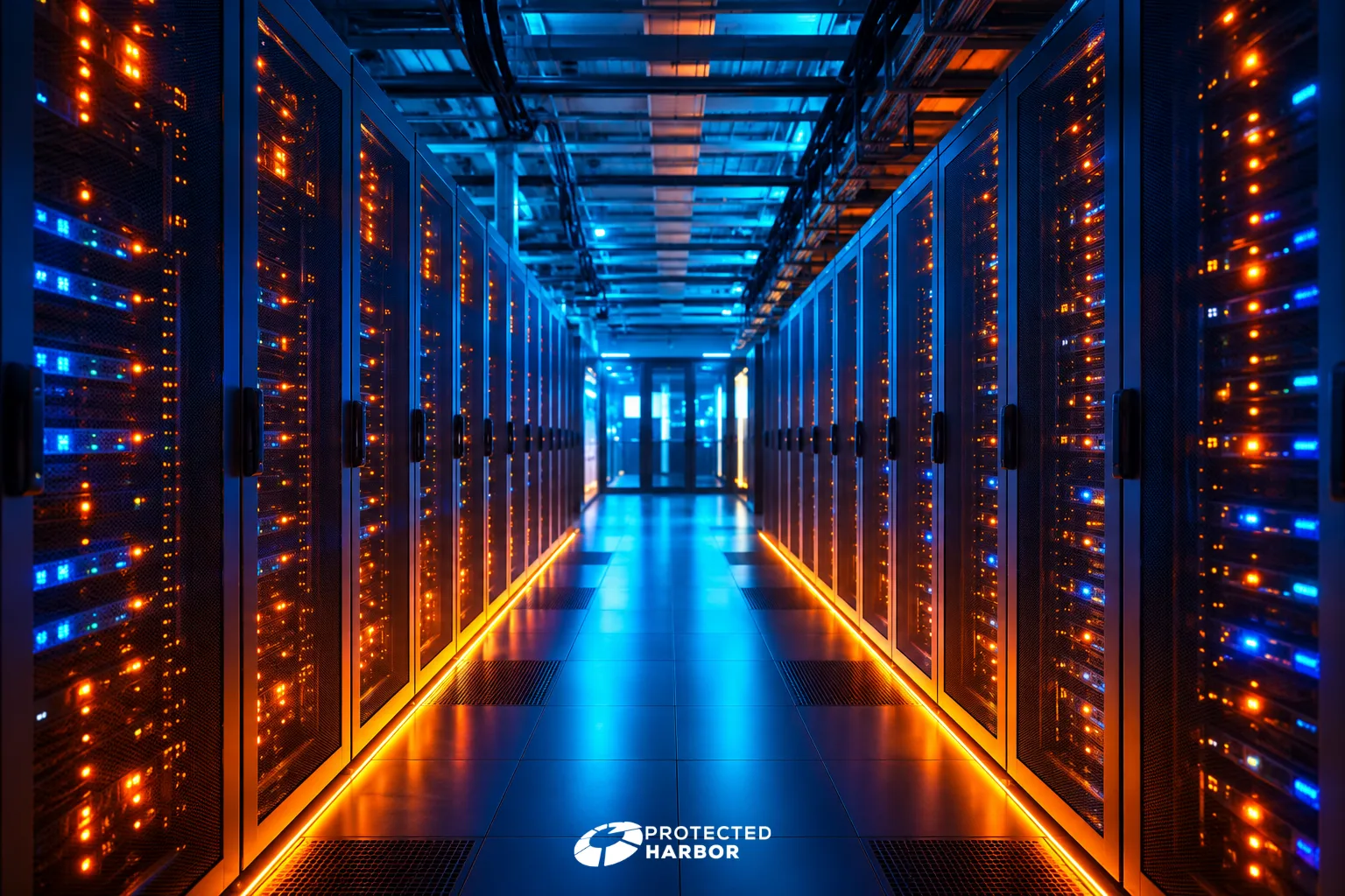The image is of a data center with orange and blue lights glowing brightly. There is a long, brightly lit hallway with a glass door at the end.