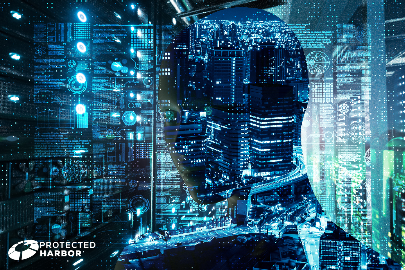 The image shows a figure in front of glowing hardware