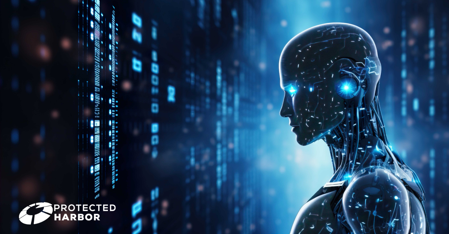 The image shows a robot standing in front of data center architecture