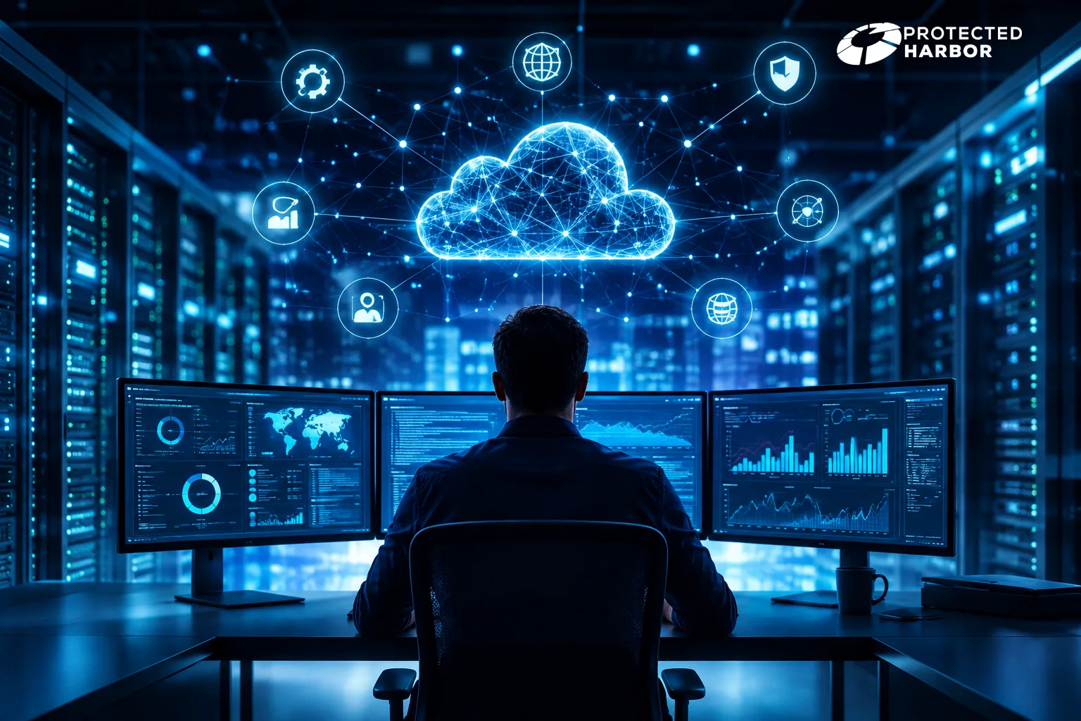 The image shows a futuristic cloud operations control room