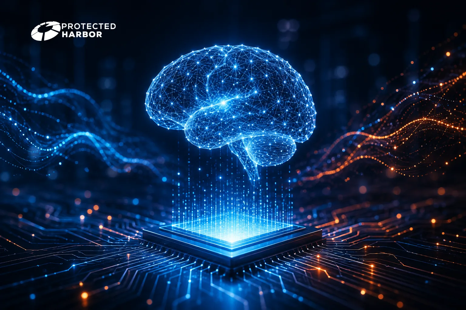 AI in IT Operations. The image shows a Holographic AI Brain Over Circuitry