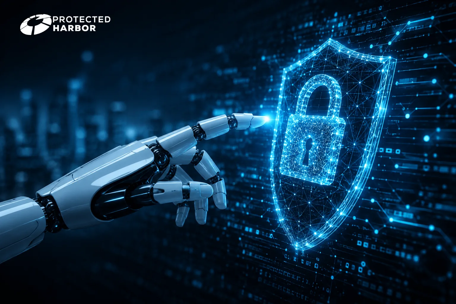 AI security. The image shows a robotic hand reaching for a holographic security shield with a lock in the middle
