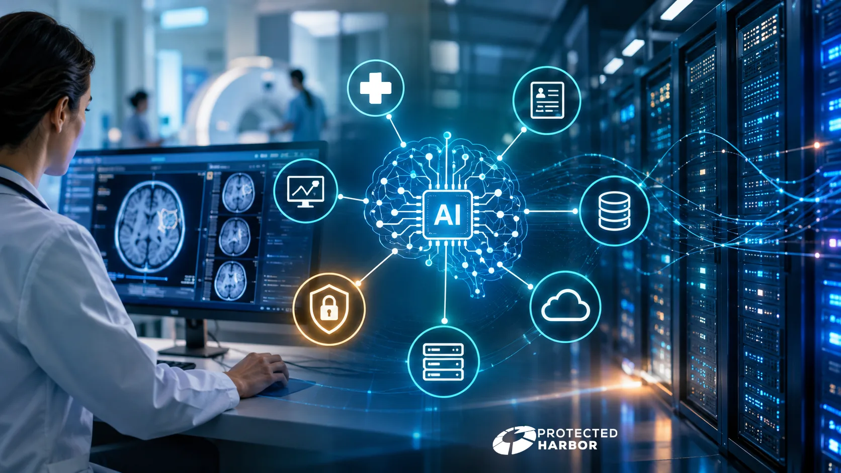 AI in healthcare: the image shows a glowing data stack flowing to a glowing AI brain that connects to a woman in a white coat looking at a screen with brain scans displayed