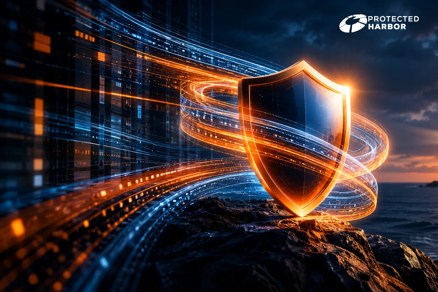 the image shows a glowing security shield in front of a data center on one side and the beginnings of a sunset over a harbor on the other side