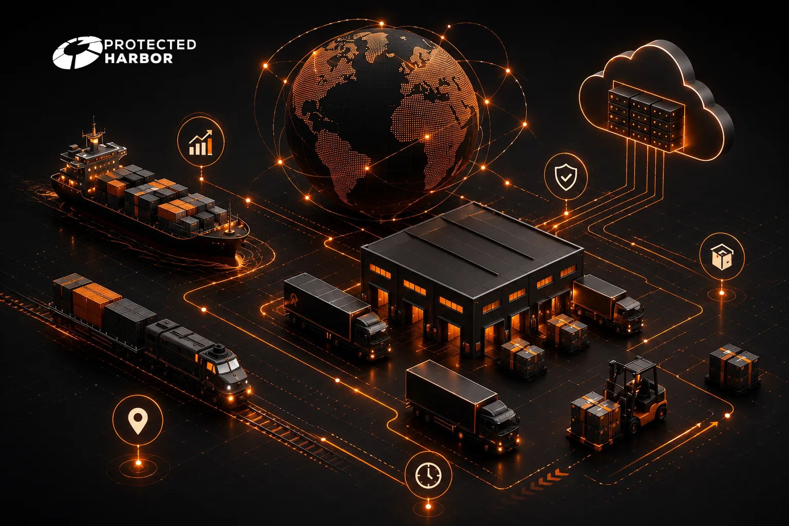 Cybersecurity for WMS, TMS, and OMS: The image shows a glowing orange and black supply chain network