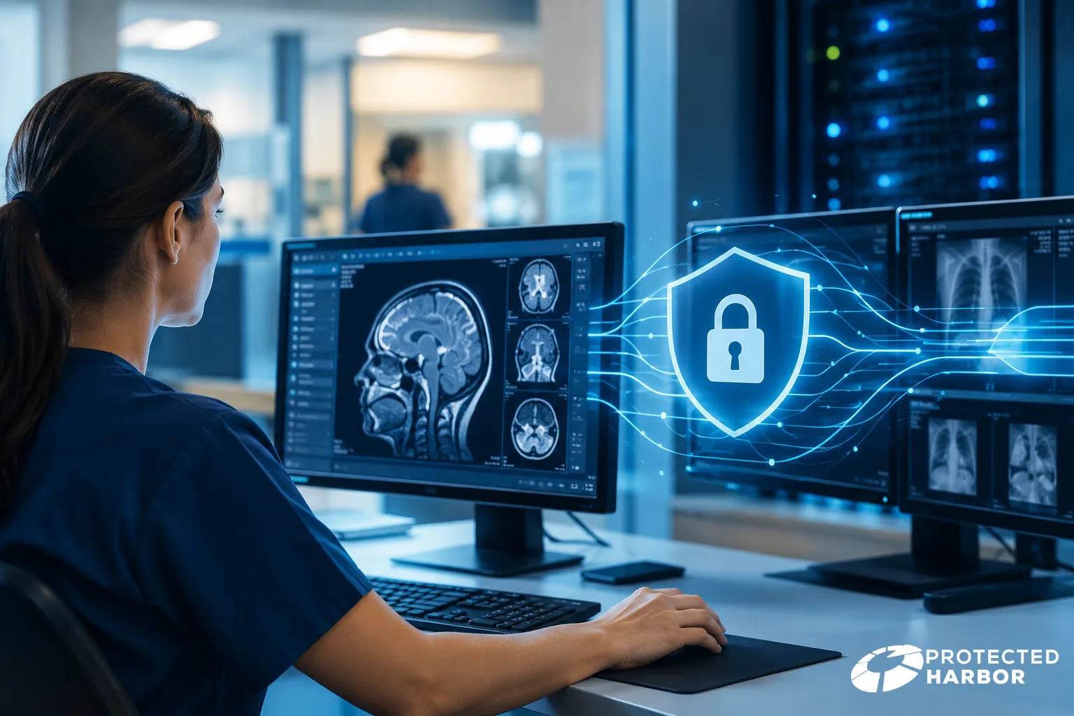 protecting patient dat: the image shows a doctor looking at radiology scans with a glowing security shield in the background