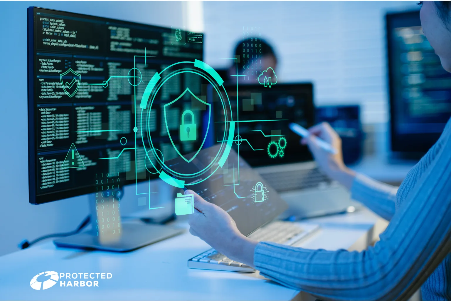 PHP2Shell- The image shows a cybersecurity professional working with a laptop and digital security interface, shield and lock icons, representing data protection, privacy, and cybersecurity